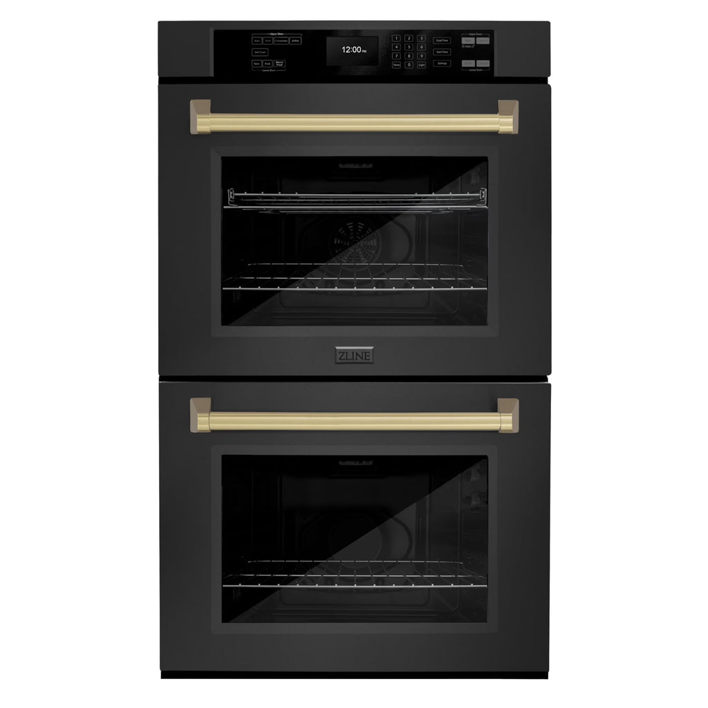 ZLINE 30 in. Autograph Edition Professional Convection Double Wall Oven with Air Fry and Self Clean in Black Stainless Steel with Champagne Bronze Handles (WADBZ-30-CB)