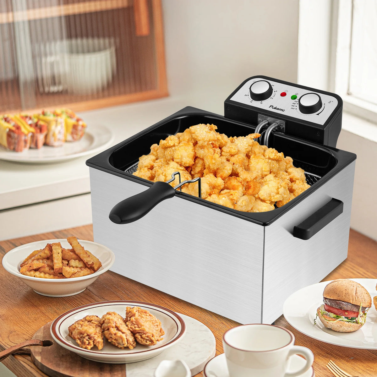 SUSTEAS 5.3 Qt Electric Deep Fryer with 3-Baskets for Home, 1800W, Timer & Temp Control, Stainless Steel & Black