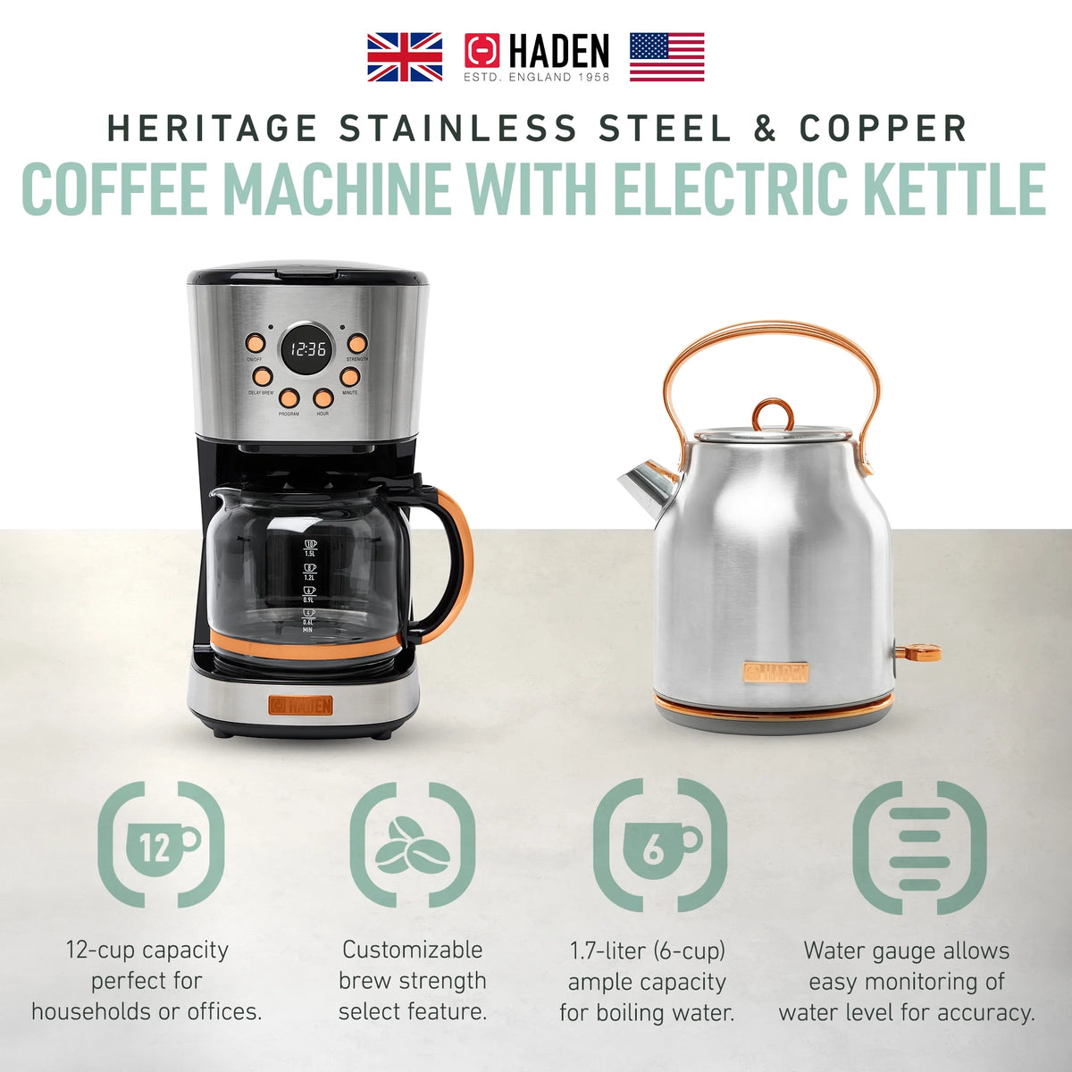 Haden Coffee Maker & Heritage 1.7 Liter Electric Kettle, Black & Chrome