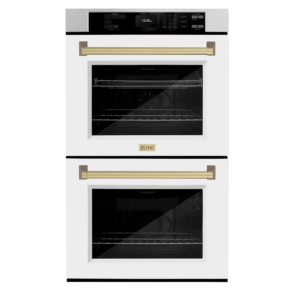 ZLINE 30 in. Autograph Edition Professional Convection Double Wall Oven with Air Fry and Self Clean in DuraSnow Stainless Steel with White Matte Doors and Champagne Bronze Handles (WADSZ-WM-30-CB)
