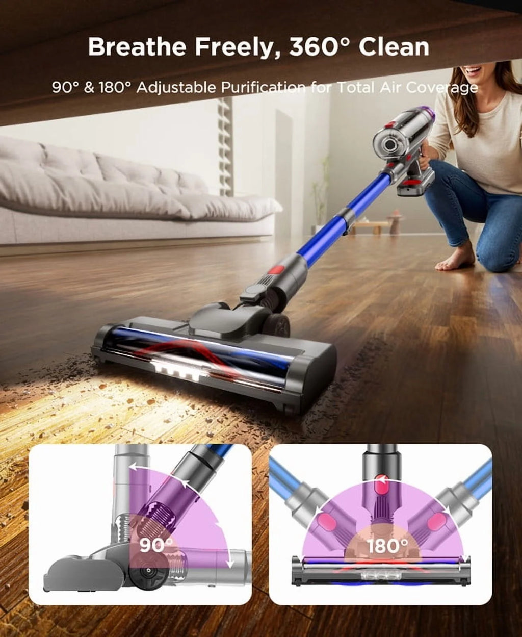 Hosaud Cordless Vacuum Cleaner - 45000pa 550W 55mins 2600mAh Lightweight Stick Vacuum Cleaners for Home Pet Hair Carpet Floor Purple