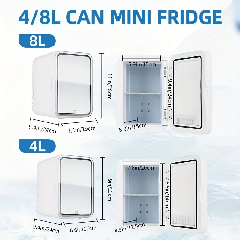Mini Fridge with LED Lights - 1.06/2.11Gal Portable Beauty Fridge for Cosmetics, Skincare & Medicine - Compact Cooler & Warmer for Home, Travel, Dorm - Space-Saving Gift Idea