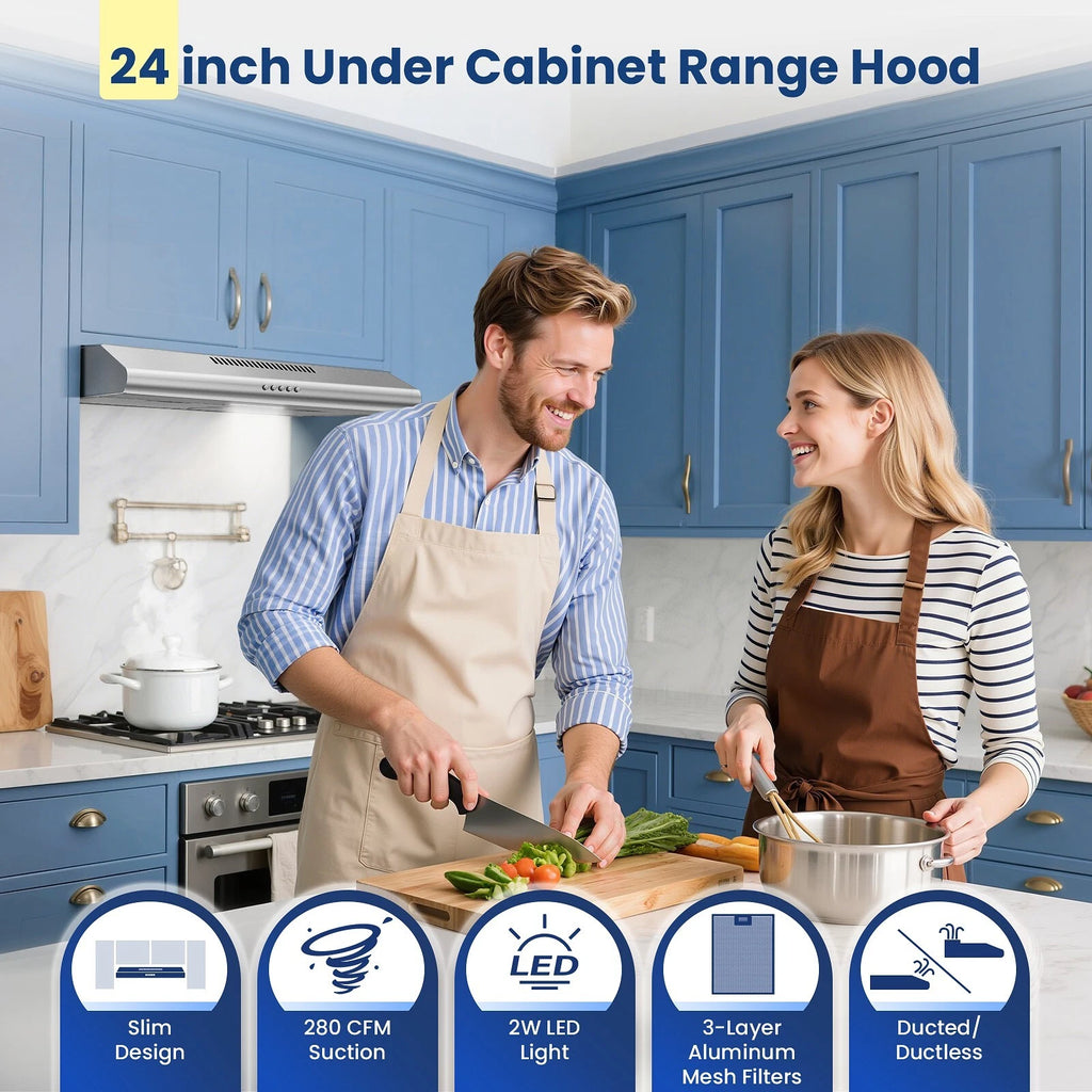 24 inch Under Cabinet Range Hood Stainless Steel 280 CFM Kitchen Top Vent Cooking Hood Fan w/ LED light Carbon Filter