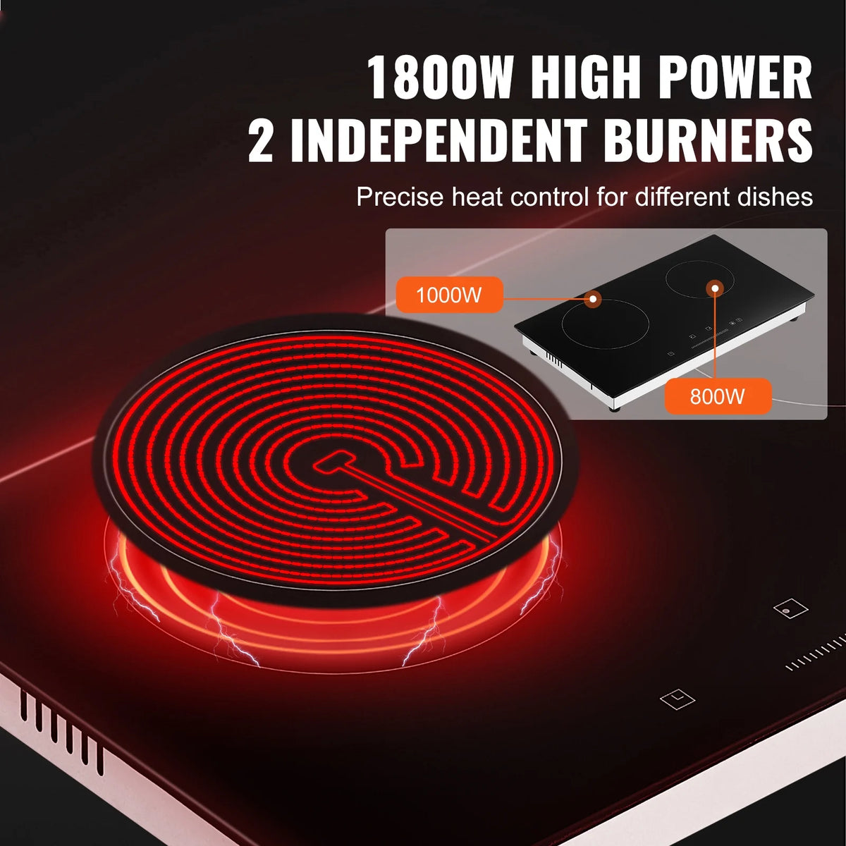 KFFKFF 24" Electric Cooktop, 2 Burner Built-in Ceramic Cooktop1800W with Touch Controls, Glass Panel, Timer, Safety Lock, 9 Temperature Settings, Heat Warning Light, 120V