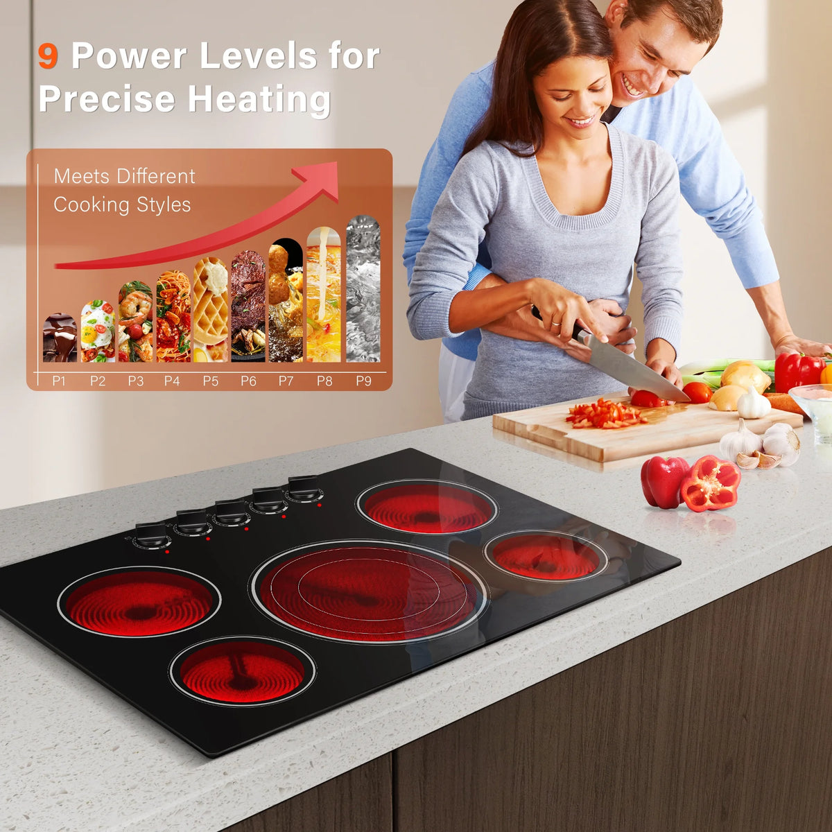 30in 5-Burner Built-In Electric Cooktop 9000W, Knob Control Ceramic Stove Easy Clean, No Radiation Family-Safe