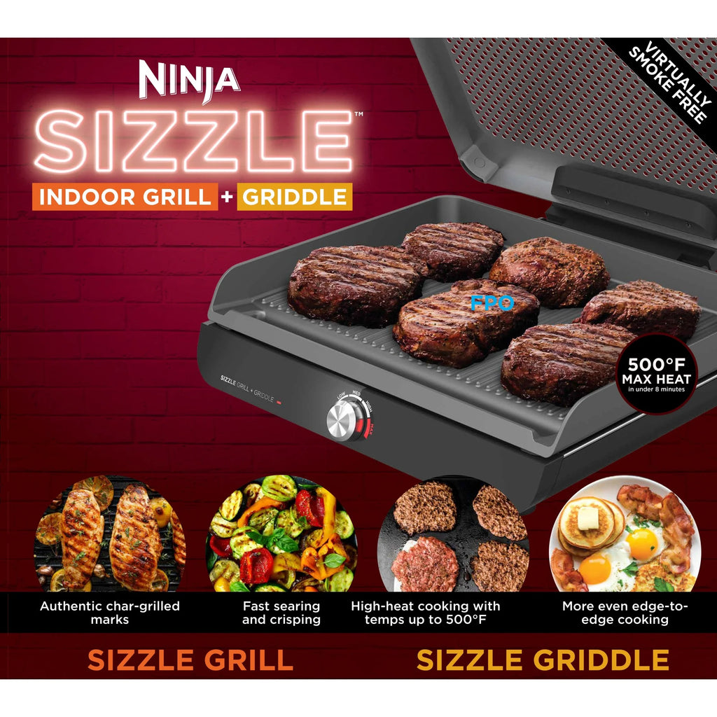 Ninja Sizzle Indoor Grill, 14'' Nonstick Grill Plate, Dishwasher-Safe Removable Mesh Lid, Even Edge-to-Edge Cooking, Black/Silver, GR100