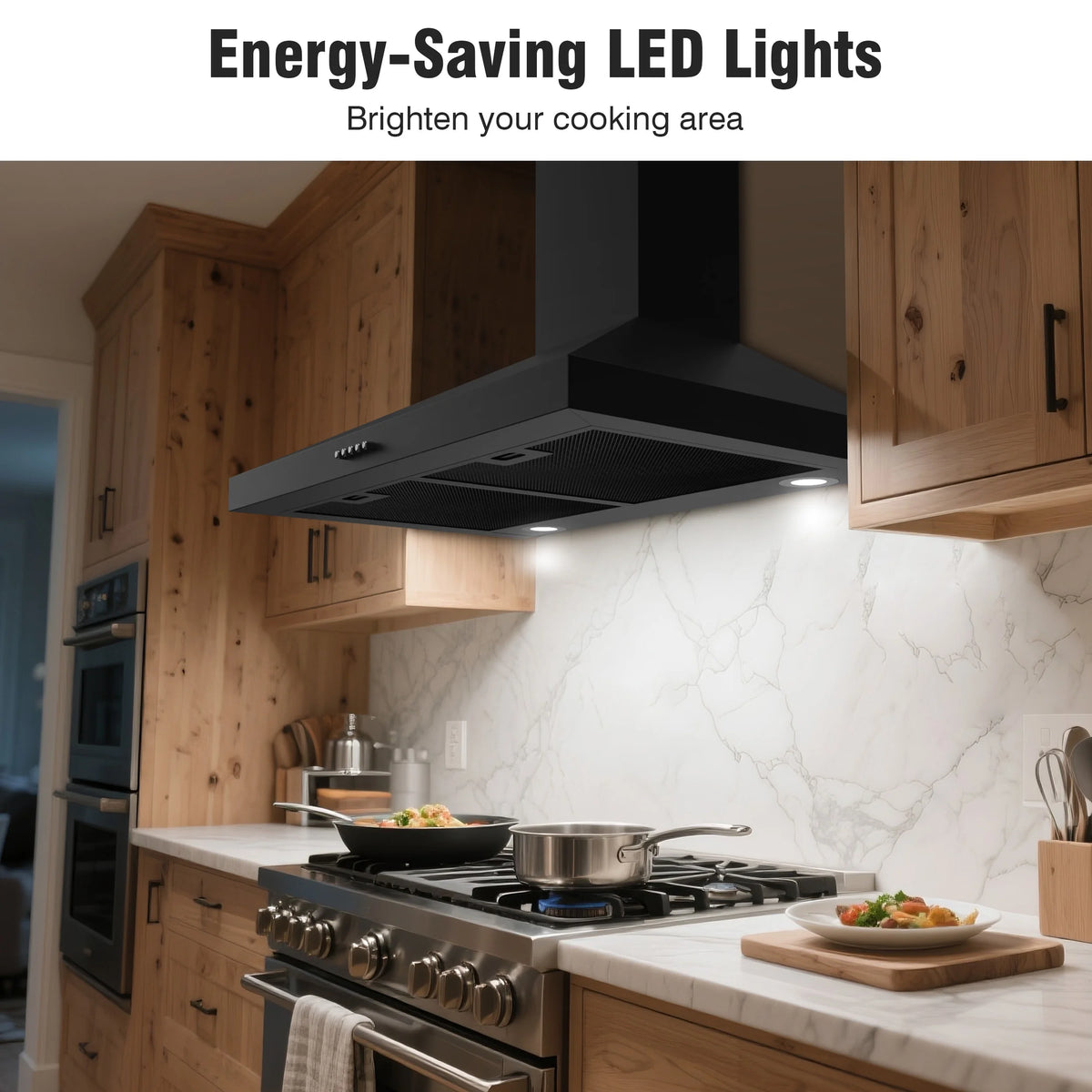 FIREGAS Wall Mount Range Hood 30 inch Black Vent Hood for Kitchen400 CFM with Ducted Convertible Ductless Kitchen Hood in Stainless Steel, 3-speed Whole-House Fan, LED Lights