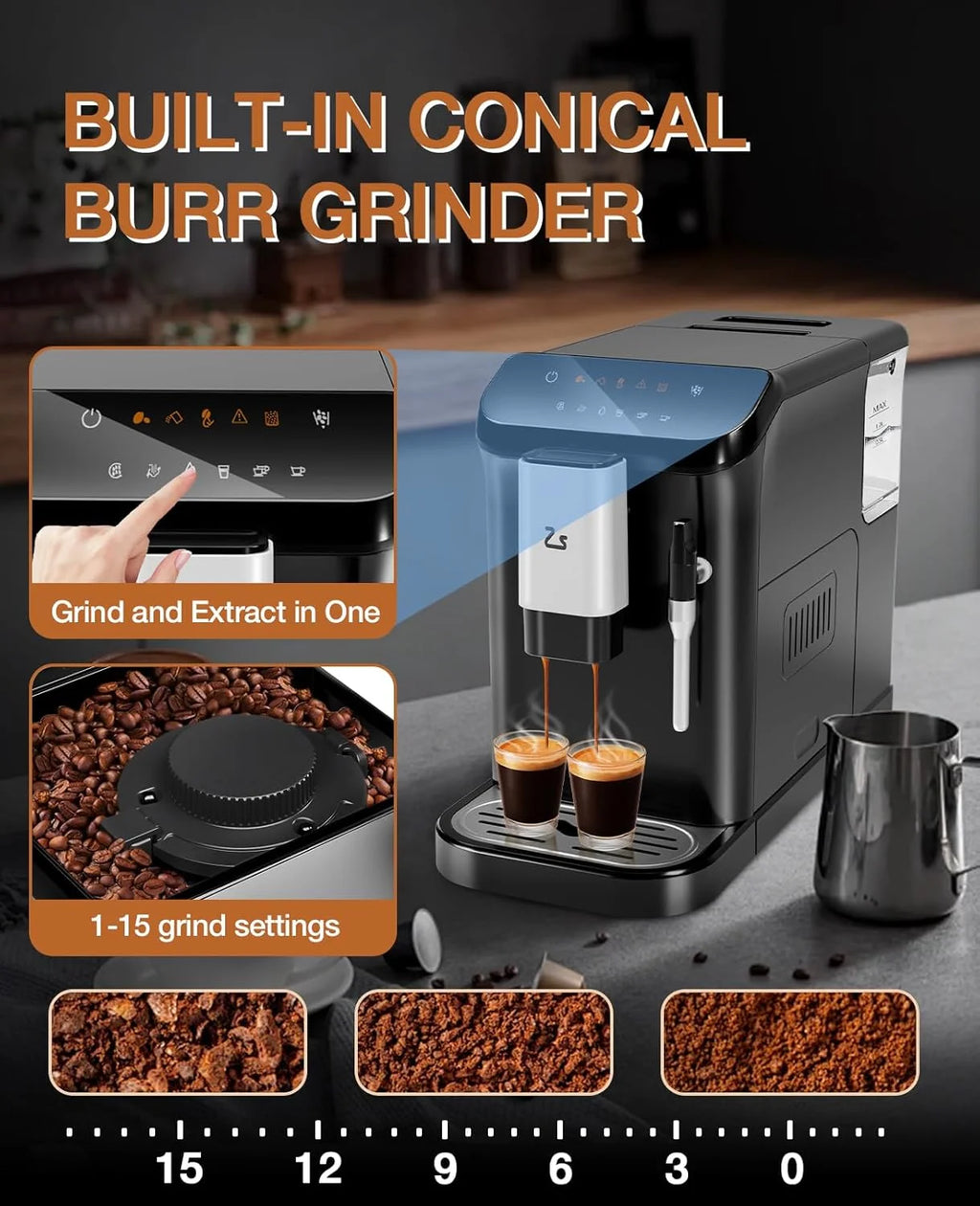 Espresso Machine, 20 Bar Pump Pressure for Balanced Extraction, Professional Espresso Maker with Milk Frother Steam Wand, 1.5L Water Tank, 1-15 Adjustable Grind Size Levels, Gift for Coffee Lover