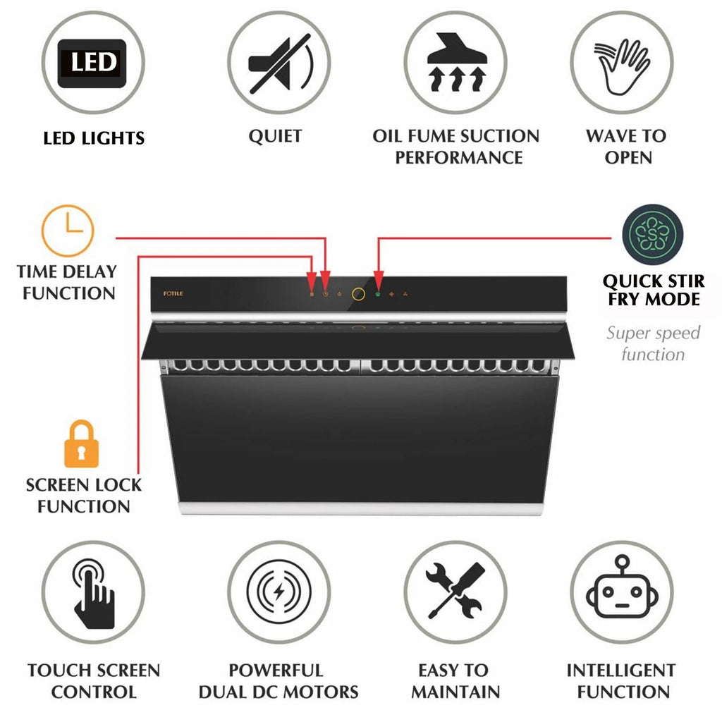 FOTILE Slant Vent Series 30" 1000 CFM Under Cabinet or Wall Mount Range Hood with 2 LED lights, Motion and Touch Activation in Onyx Black Tempered Glass