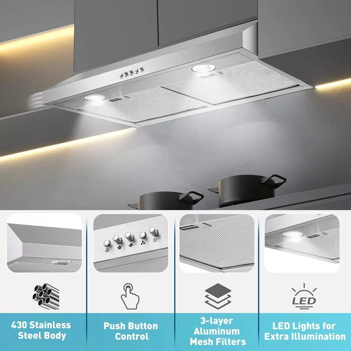 SNDOAS 30inch Under Cabinet Range Hood 500CFM 3-Speed Vent Stainless with Led Bulb