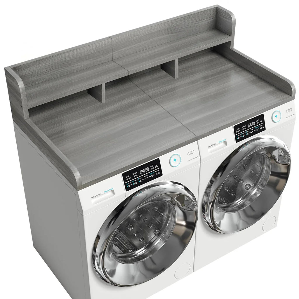 Wood 2-Tier Washer Dryer Countertop with Edge Rails, 54" W x 27.5" D Washer and Dryer Topper for Laundry Room Organization and Storage, Walnut
