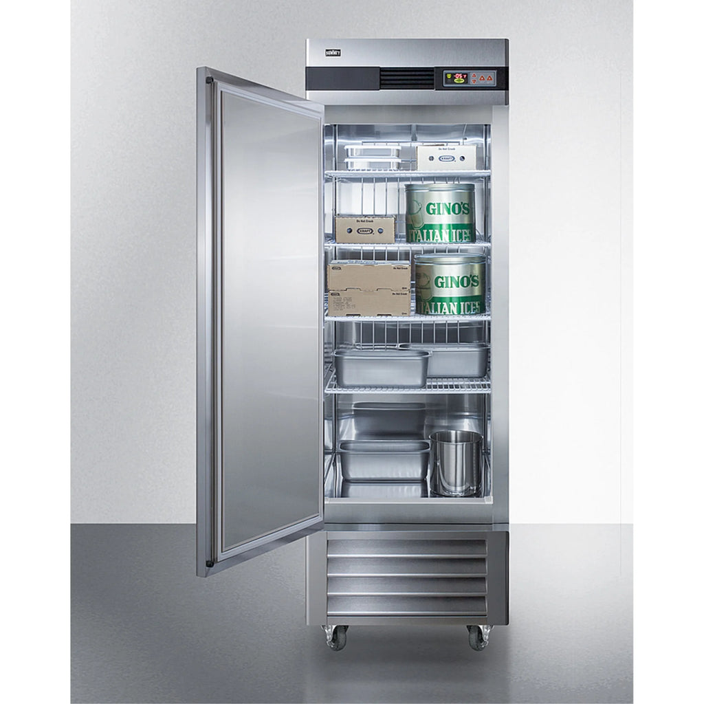 Commercially approved frost-free reach-in freezer in complete stainless steel, left hand door swing