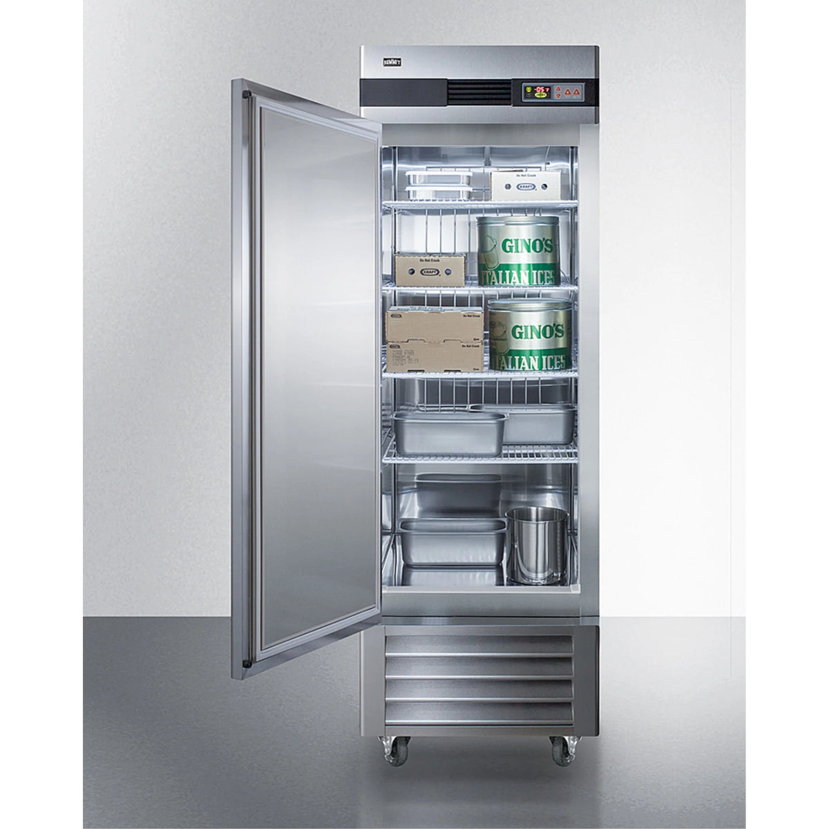 Commercially approved frost-free reach-in freezer in complete stainless steel, left hand door swing