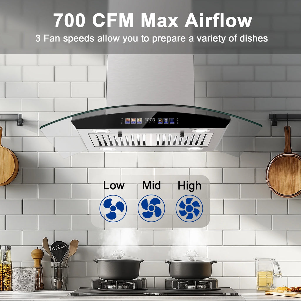 30 inch Stainless Steel Island Mount Range Hood 700 CFM, 120V Exhaust Fan, 3-Speed 65dB, Gesture Control & LED Lights?