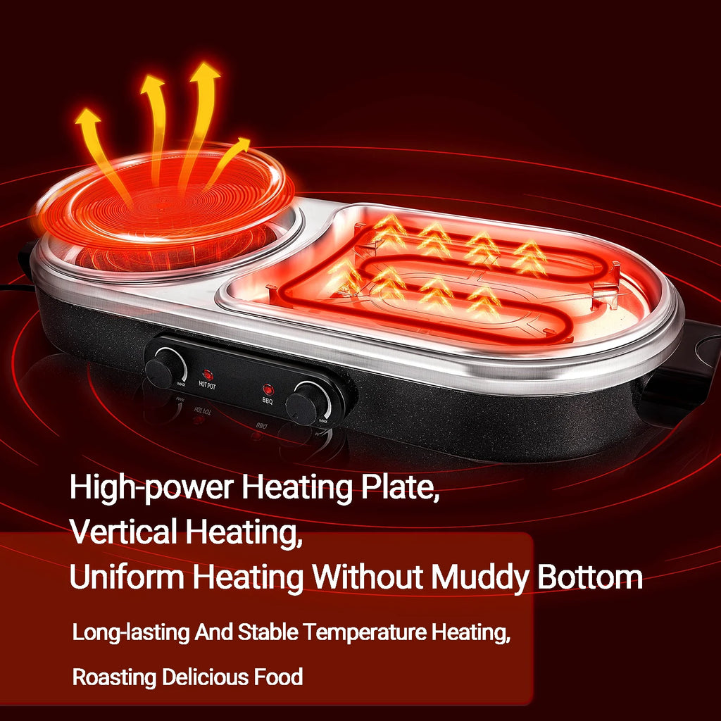 ZXMT 2 in 1 Electric Hot Pot with Grill Combo 2100W Indoor Griddle Dual Temperature Control Non-Stick Korean BBQ Shabu Pan