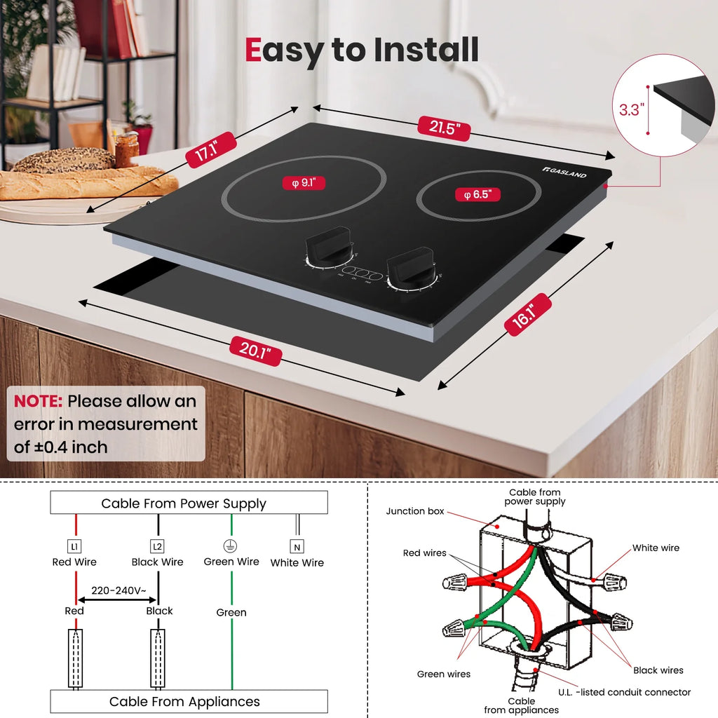 GASLAND 21 in 2 Elements Radiant Electric Cooktop with 9 Heating Levels, Smooth Surface, 240V