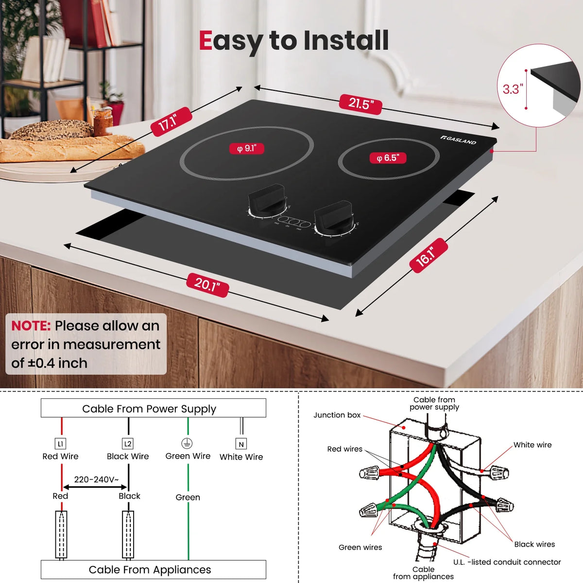 GASLAND 21 in 2 Elements Radiant Electric Cooktop with 9 Heating Levels, Smooth Surface, 240V