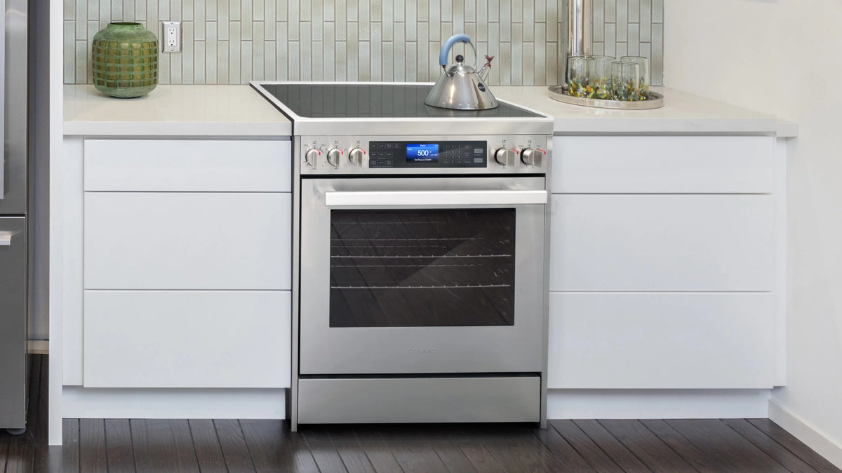 Cosmo 4 Piece Kitchen Appliance Package with 30" Freestanding Electric Range 30" Under Cabinet Range Hood 24" Built-in Integrated Dishwasher & French Door Refrigerator Kitchen Appliance Bundles