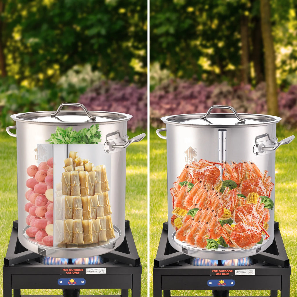 40QT Seafood Boiling Kit, 200,000BTU Propane Burner Stainless Steel Crawfish Boil Pot w/Basket and Steamer Rack, For Outdoors Cooking and Steaming, Large Turkey Fryer Pot, Lobster Shrimp Pot