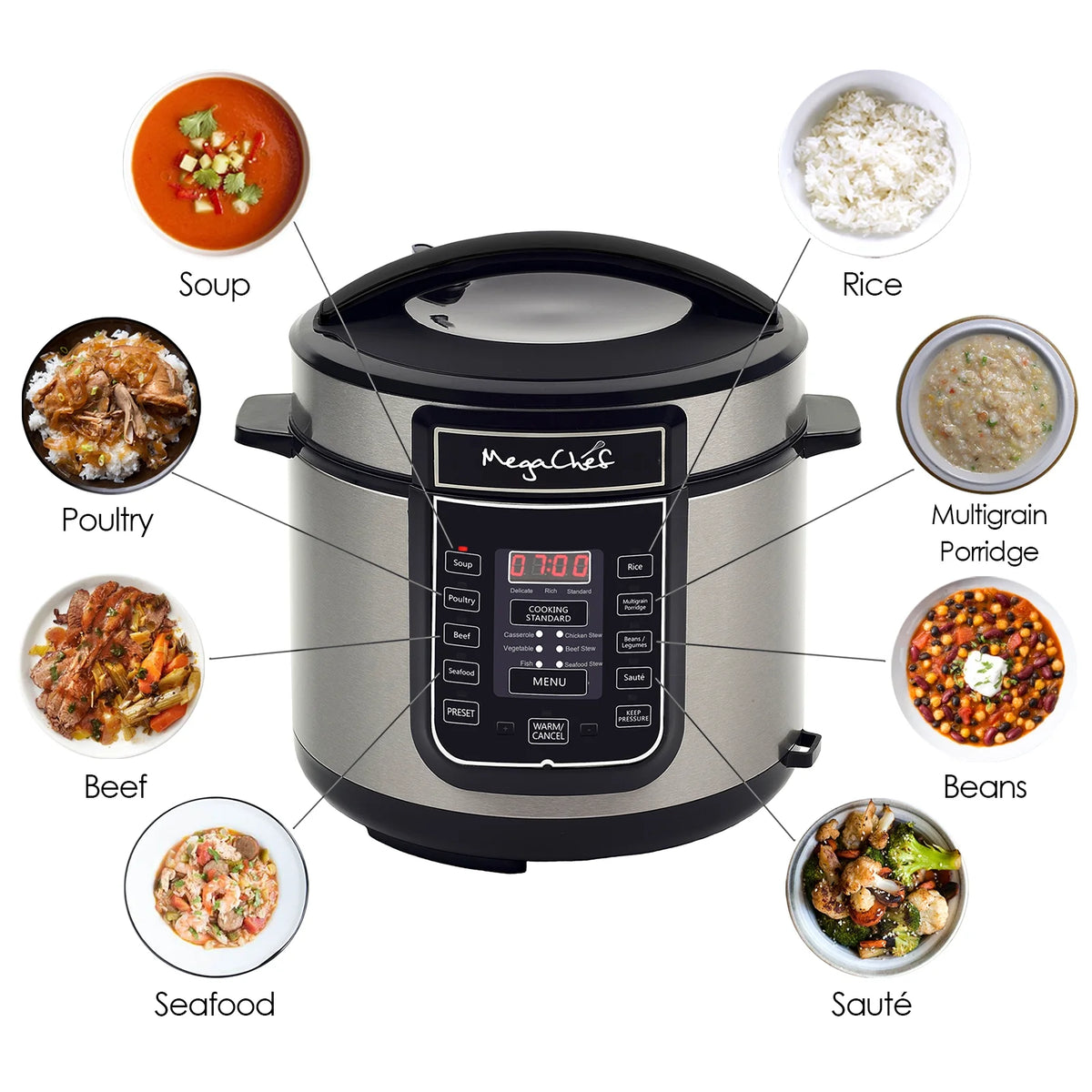 MegaChef 6 Quart Electric Pressure Cooker with 14 Pre-Set Multi-Function Features & Stainless Steel Pot