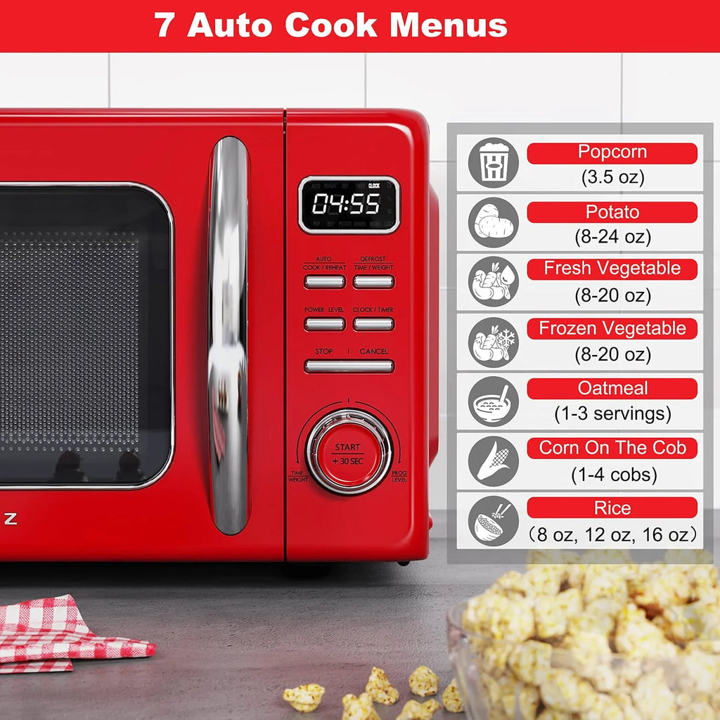 Galanz Retro Countertop Microwave Oven with Auto Cook & Reheat, Defrost, Quick Start Functions, Easy Clean with Glass Turntable, Pull Handle, .9 cu ft, Black