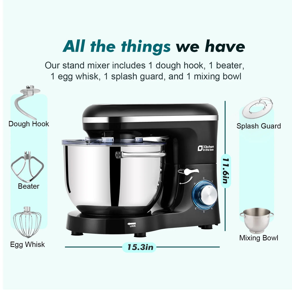 Kitchen in the box Tilt-Head Stand Mixer, Electric Kitchen Mixer with 6.5QT Stainless Steel Bowl, 660W Food Mixer with 6-Speed, Black