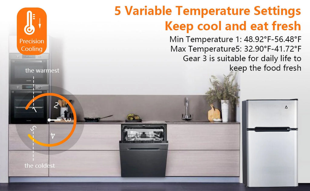 GoFashion 3.2 Cu. Ft Mini Fridge with Freezer, Small Refrigerators Double Door Stainless Steel, 5 Thermostat, Compact Internal Freezer with Crisper Drawer 90L