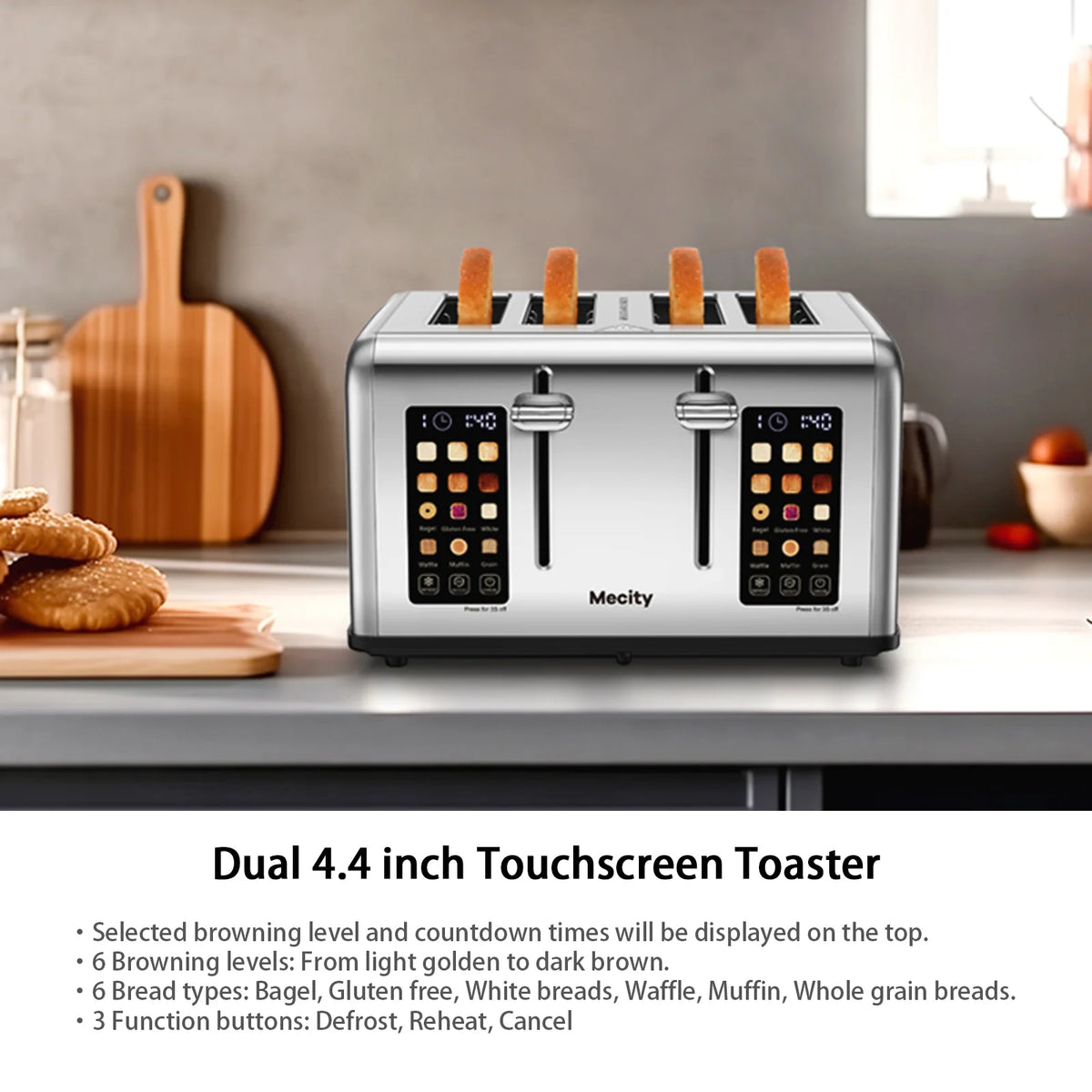 Mecity 4-Slice Touchscreen Toaster, Stainless Steel, 6 Browning Settings, Reheat, Cancel, Defrost, Removable Tray