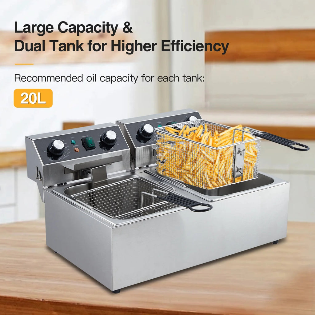 Yesurprise 6/10/12L Commercial Electric Deep Fryer Dual Tank w/Basket & Lid Countertop Stainless Steel Deep Fryer for Large Tank French Fries Onion Rings