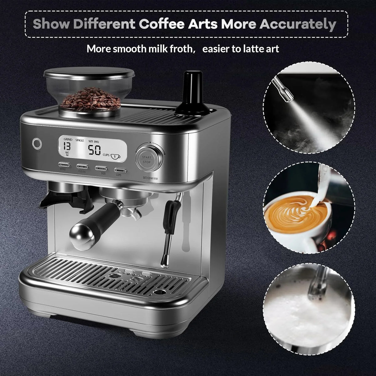 Espresso Machine with Grinder, Professional Coffee and Espresso Maker Combo, Stainless Steel Cafe Espresso Machine with Steam Wand Barista Kit for Cappuccino Latte