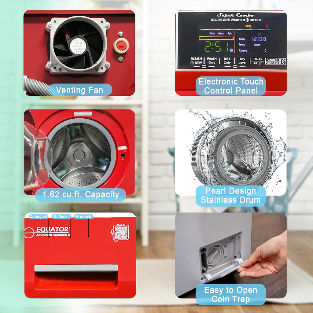 Equator All-in-One Washer Dryer VENTLESS/VENTED PET cycle 1.62cf/15lbs 110V in Merlot