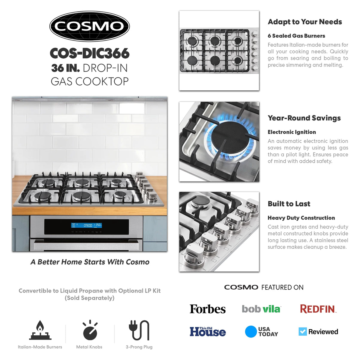 Gas Cooktop with 6 Sealed Italian Made Burners in Stainless Steel