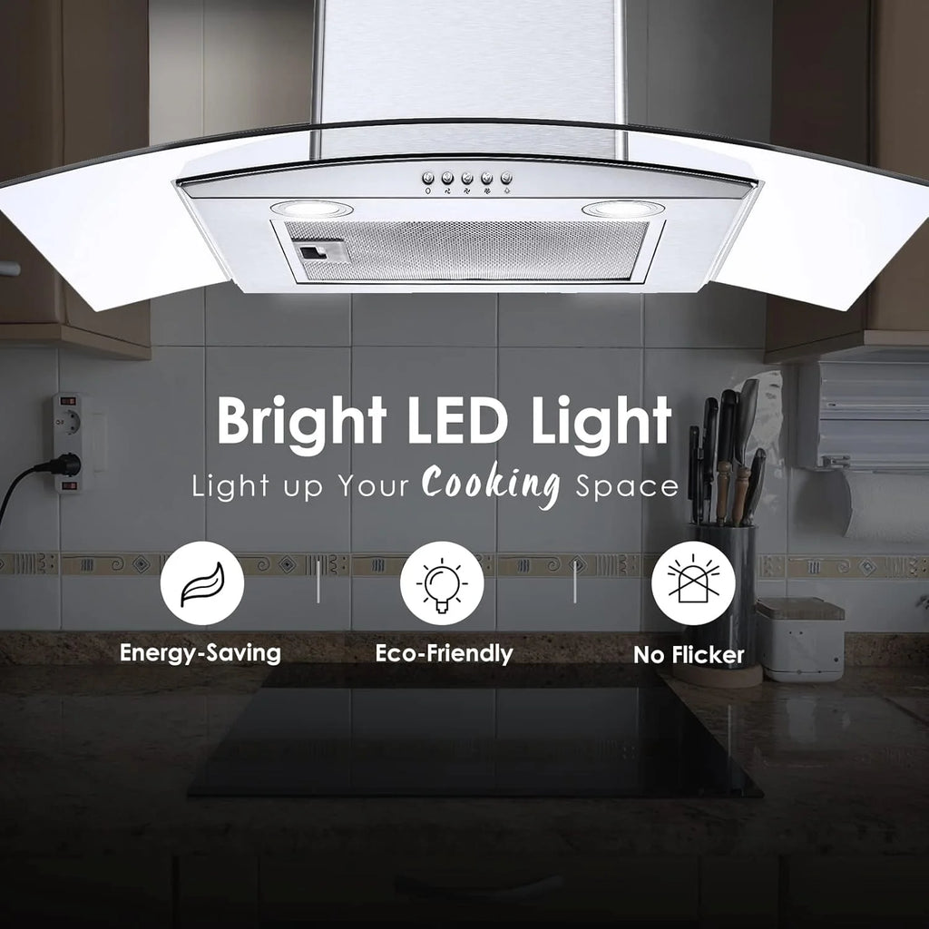 Range Hood 30 Inch, Tieasy Wall Mount Kitchen Hood with Ducted / Ductless Convertible Duct, Stainless Steel Chimney and Aluminum Filters, LED Lights, 3 Speed Fan, Push Button