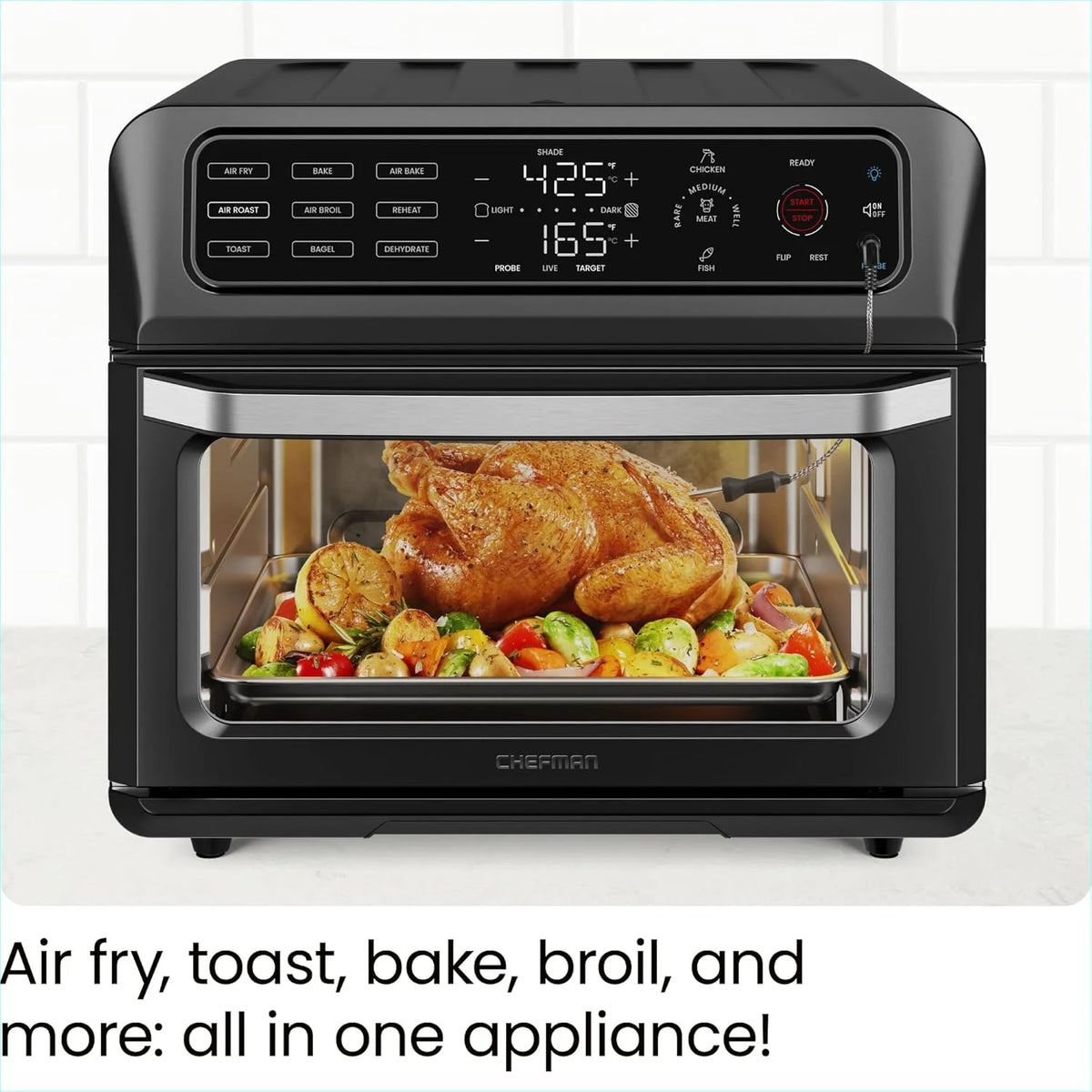 Chefman 12-in-1 Air Fryer Oven Combo w/ Probe Thermometer, 20 Qt Capacity - Black Stainless Steel, New