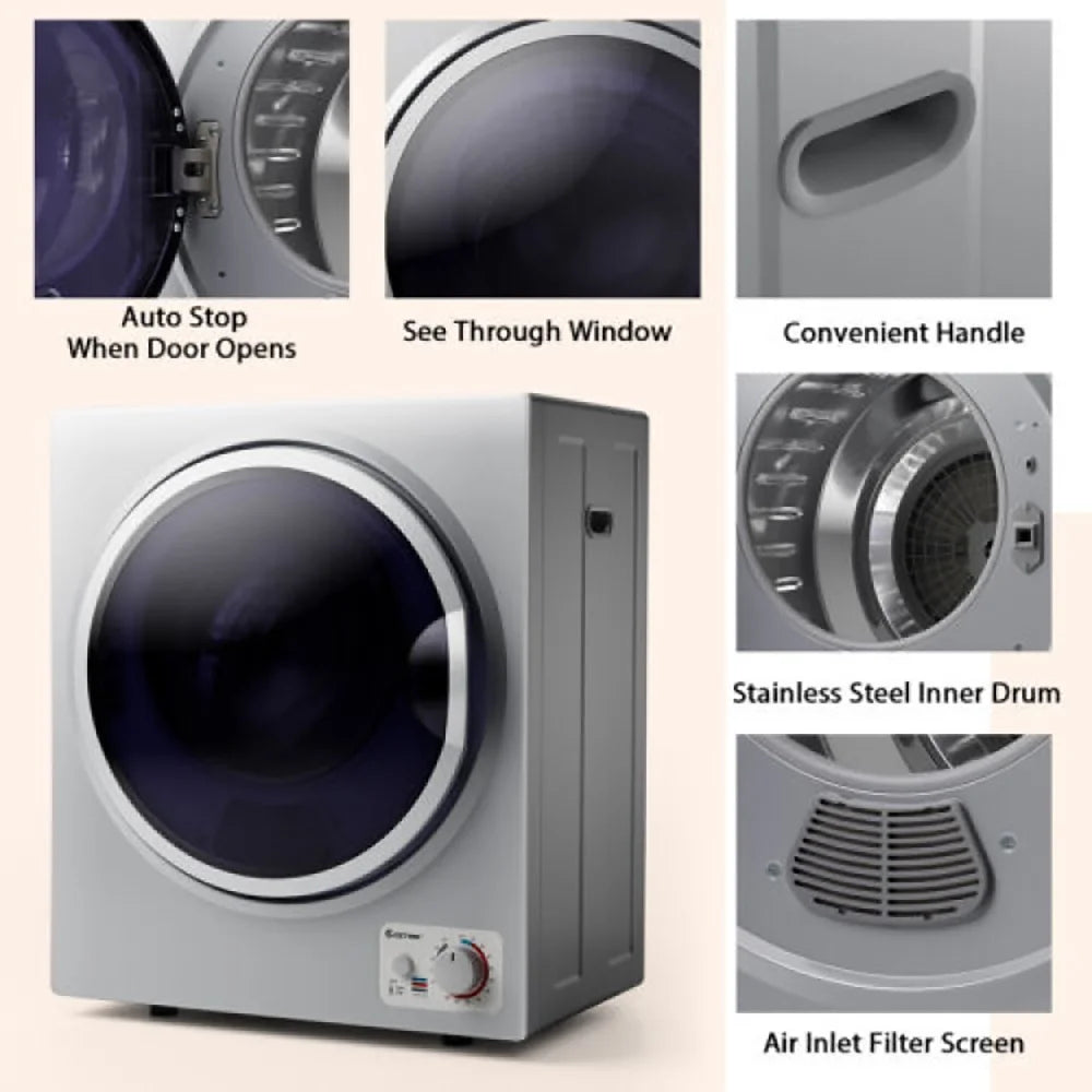 GVN Dryer, Drying Machines,1.5 Cu .ft Clothes Dryer with with Stainless Steel Wall Mount-Gray