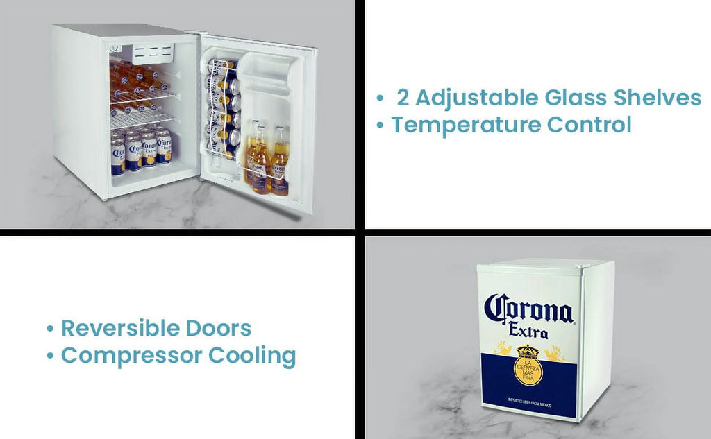 Corona Mini Beer Fridge with Freezer, 2.4 Cu. Ft, 70L Capacity White & Blue Compact Beverage Cooler