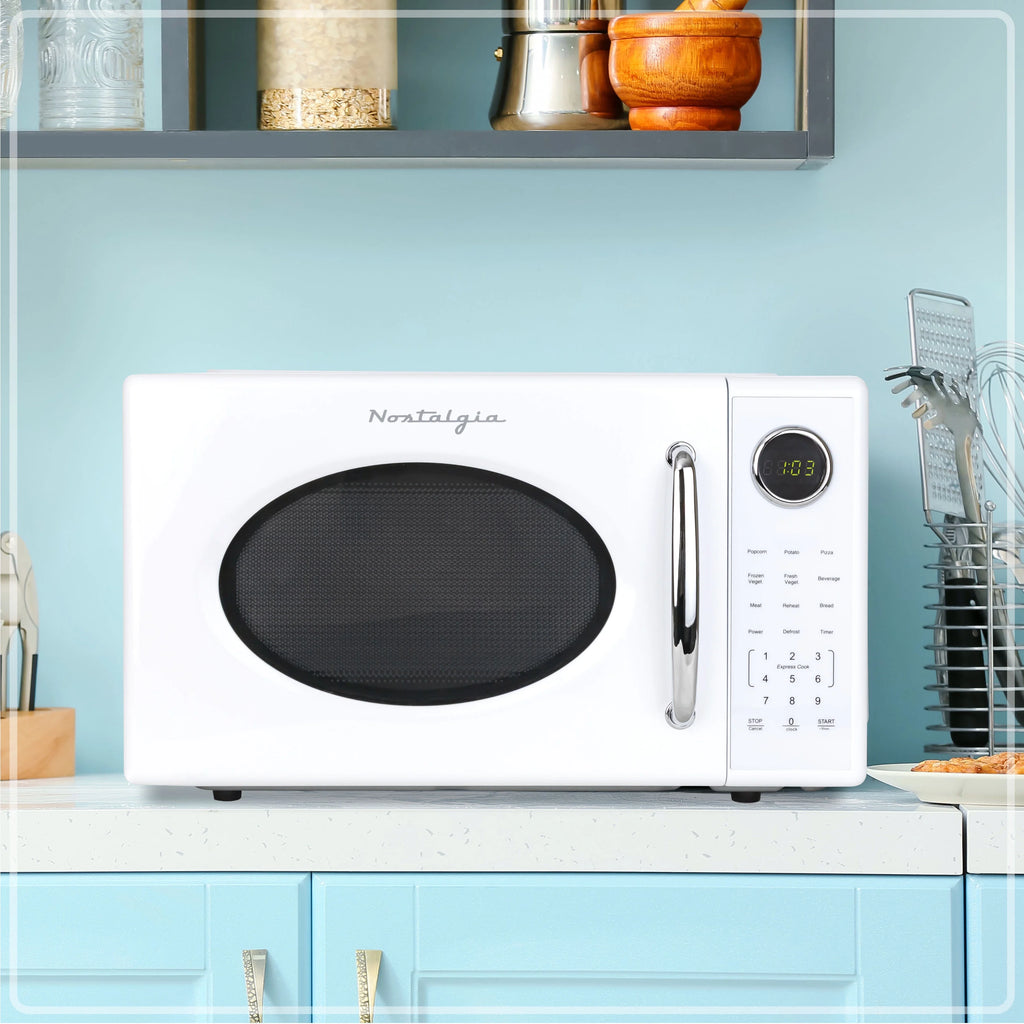 Nostalgia Retro Microwave Oven - 1.1 Cu Ft & 1000-Watt Countertop Size with Glass Turntable, Child Safety Lock, 8 Auto-Cook Programs & Digital Clock - Black