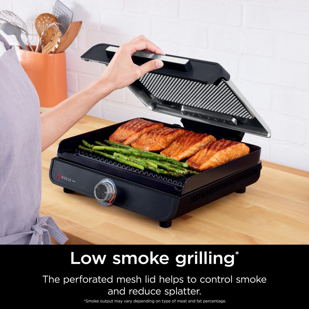 Ninja Sizzle Indoor Grill, 14'' Nonstick Grill Plate, Dishwasher-Safe Removable Mesh Lid, Even Edge-to-Edge Cooking, Black/Silver, GR100
