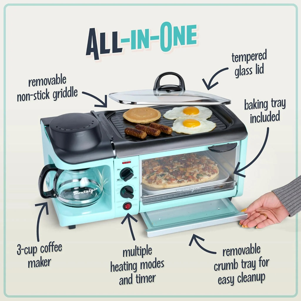 3-in-1 Breakfast Station - Includes Coffee Maker, Non-Stick Griddle, and 4-Slice Toaster Oven - Versatile Breakfast Maker with Timer - Aqua