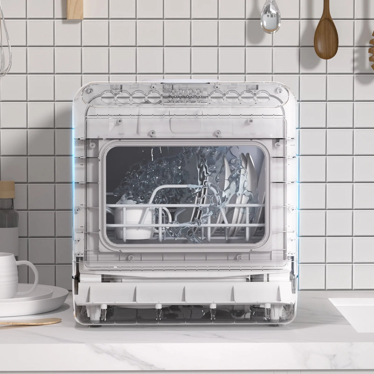 Happydeer Portable Countertop Dishwasher with 5L Water Tank, Automatic Smart Countertop Dishwasher, Mini Dishwasher with 5 Place Settings, 2-Tier Rack, 3-Spray Arm, Air-Dry Function