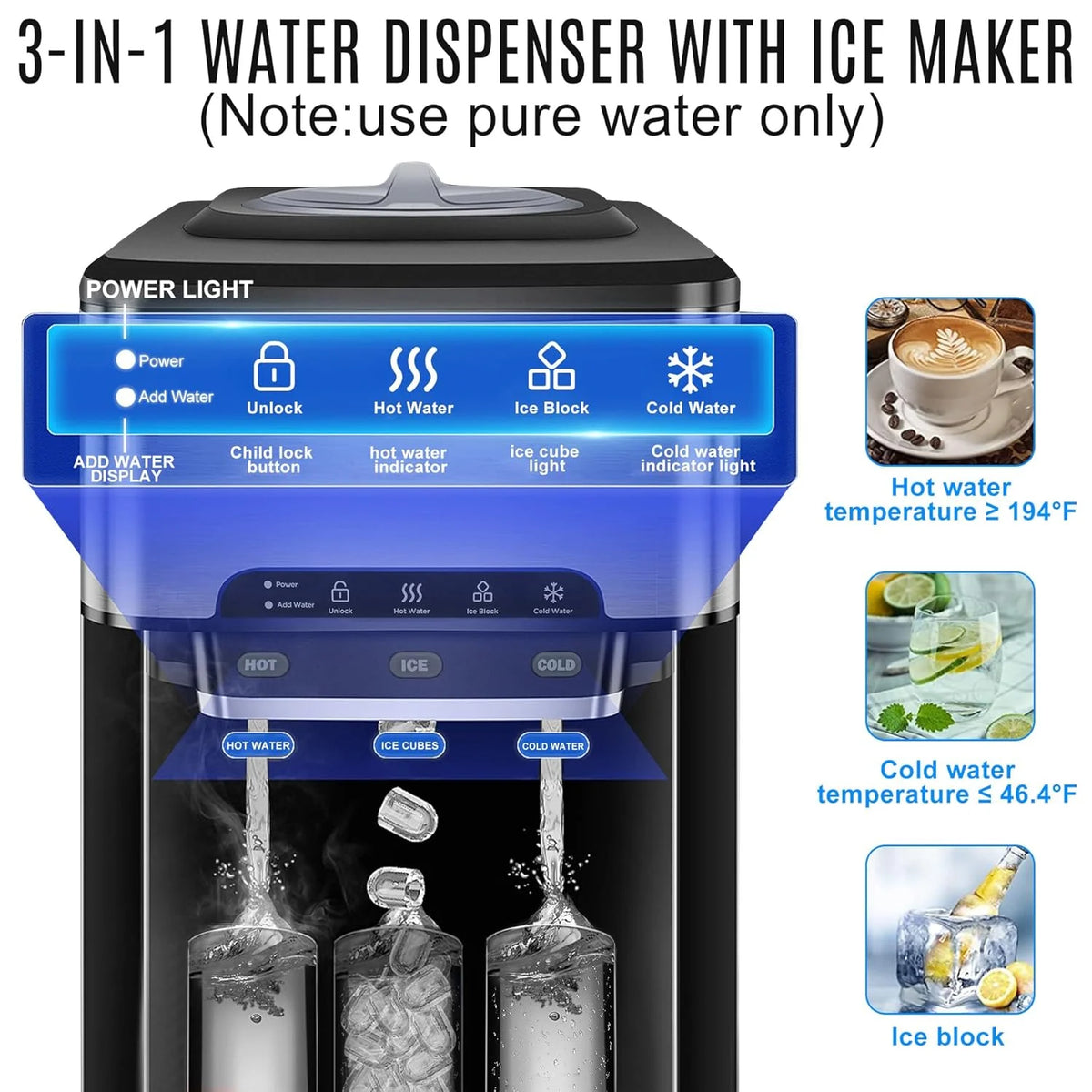 NUNET 3 in 1 Portable Ice Maker + Water Cooler Dispenser 5 Gallon with Child Safety Lock