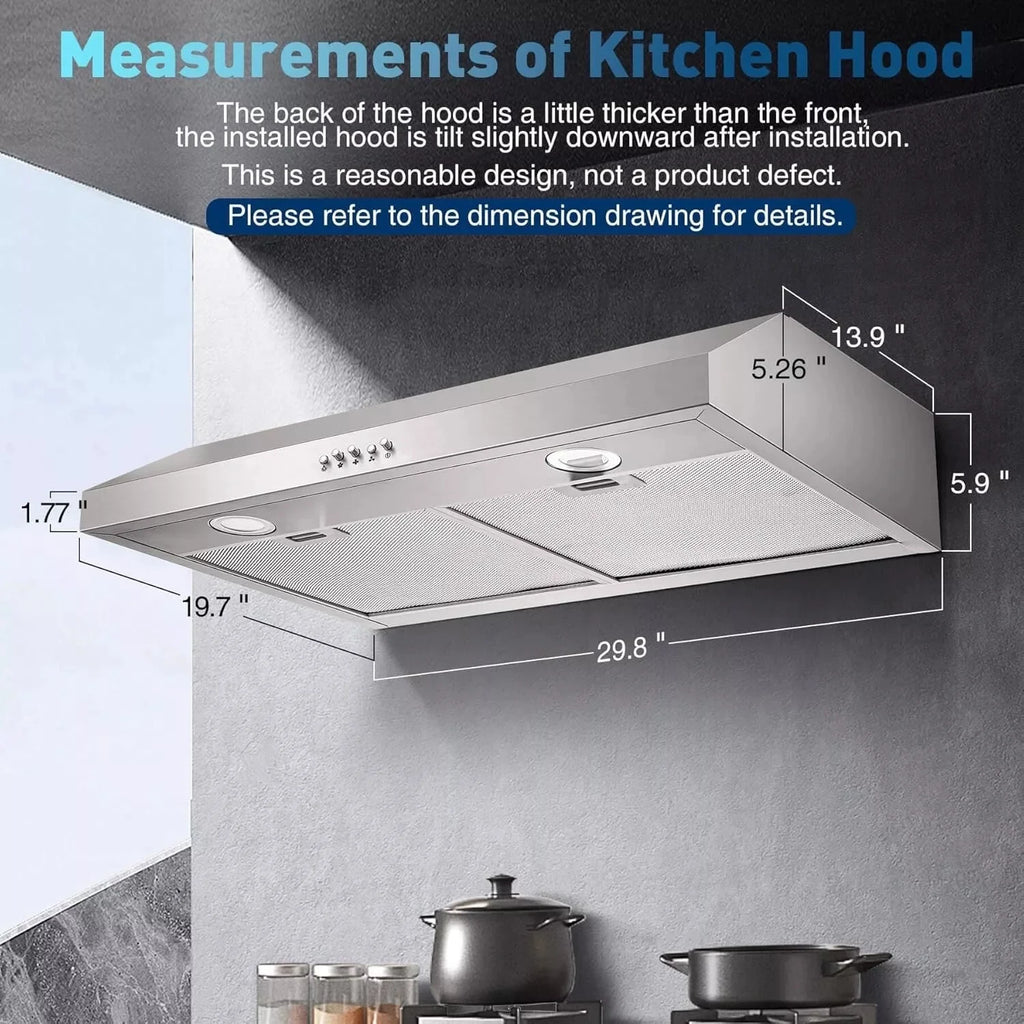SNDOAS 30inch Under Cabinet Range Hood 500CFM 3-Speed Vent Stainless with Led Bulb