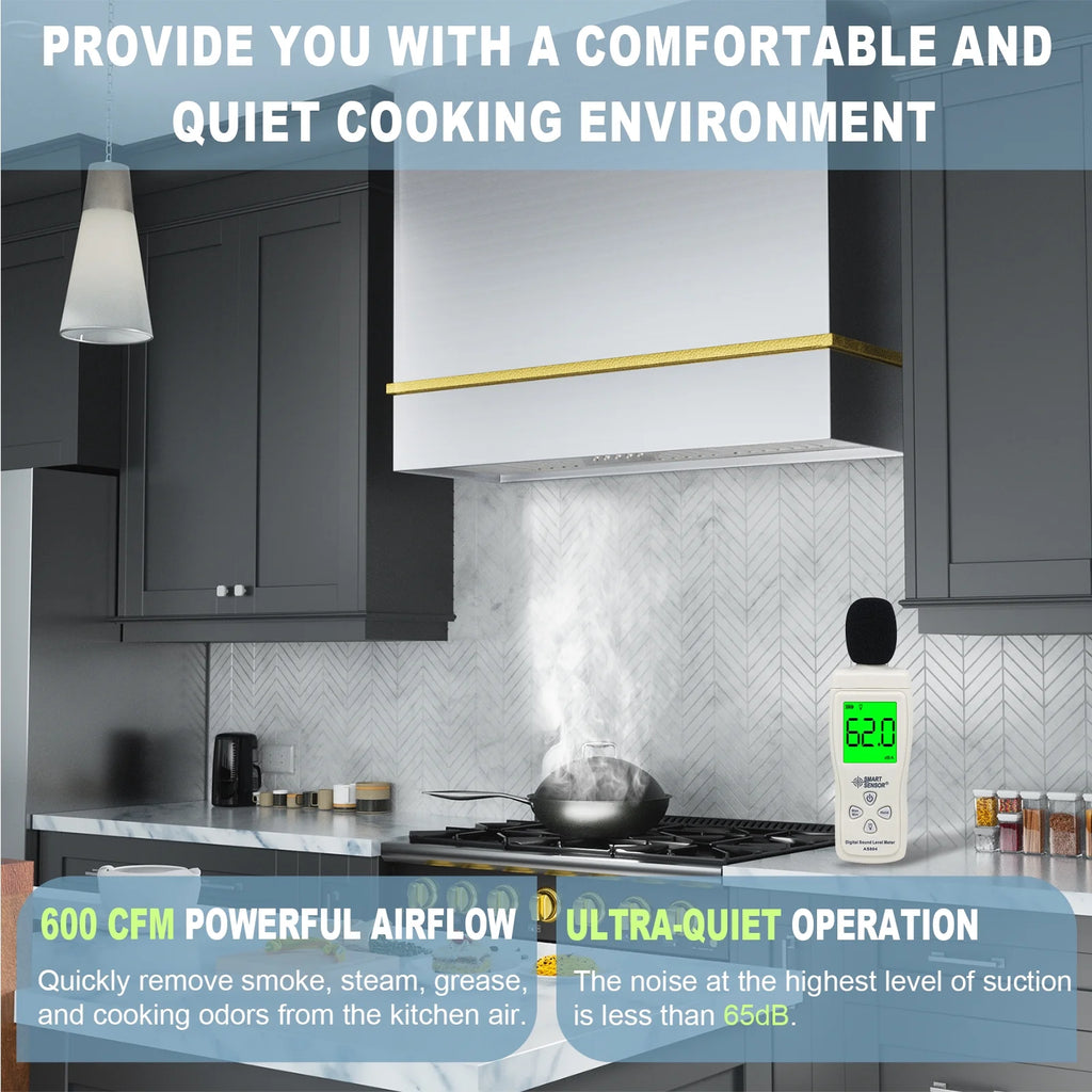 Akicon Range Hood 36 Inch, Ultra Quite Stainless Steel Kitchen Hood, Wall Mount Square Vent Hood with LED Light and Dishwasher-Safe Filters, Hood Vents for Kitchen, 3 Speeds, 600 CFM (AK-HS36HB-SWG)