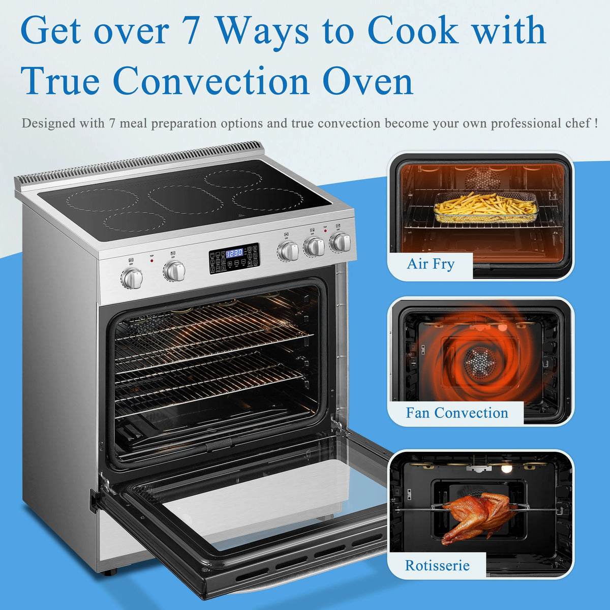 Lanbo 30 inch 5.9 CU.ft. Freestanding Electric Convection Range with Air Fry and Rotisserie, Electric cord or plug is not included