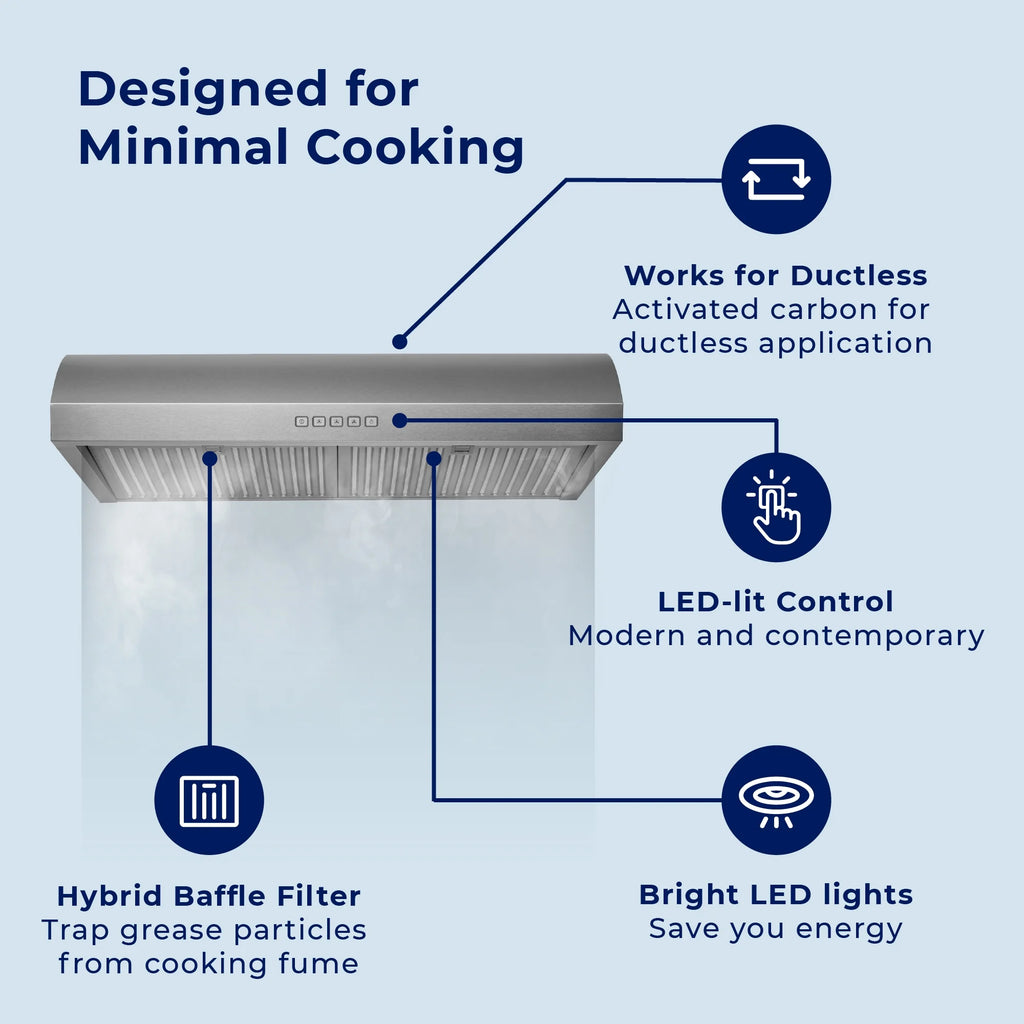 Hauslane Chef Series 30" B018 Convertible Under Cabinet Range Hood 120 Volts Minimalist 3-Way Venting 250 CFM Aluminum Filters LED Stainless Steel