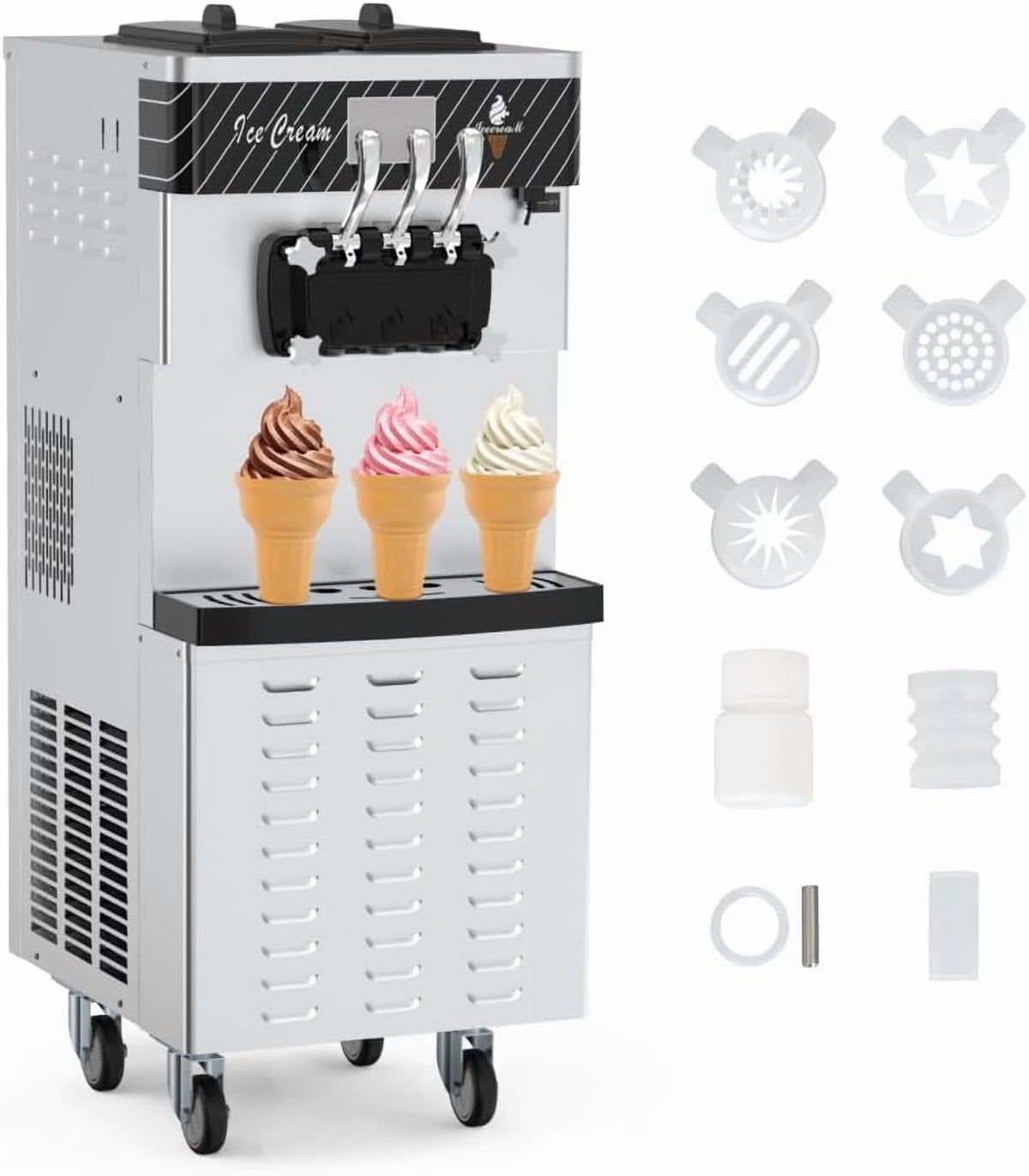 NEILA 2+1 Flavor Soft Serve Ice Cream Maker Machine Commercial,5.8-7.9 Gal/Hr Vertical Soft Serve Machine with 5.5 Inch Screen,Auto Clean Pre-Cooling High Productivity for Restaurants&Snack,2450W