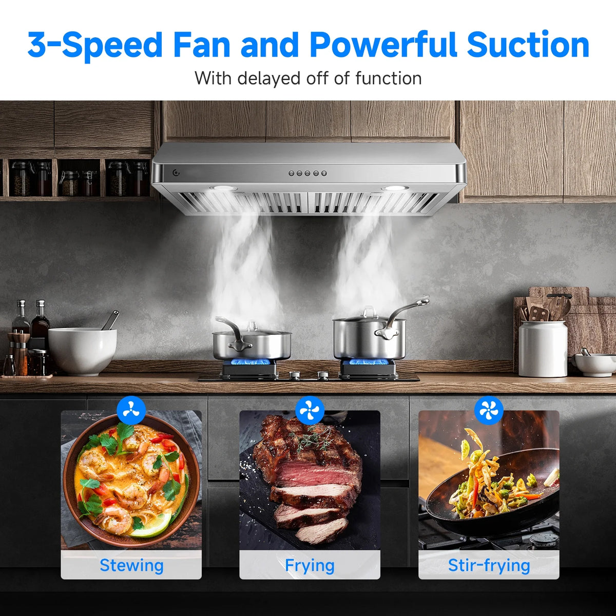 Sunmaki 30 inch Under Cabinet Range Hood with 3  Speed Exhaust Fan, 750CFM Fan Kitchen Stove Vent, Push Button