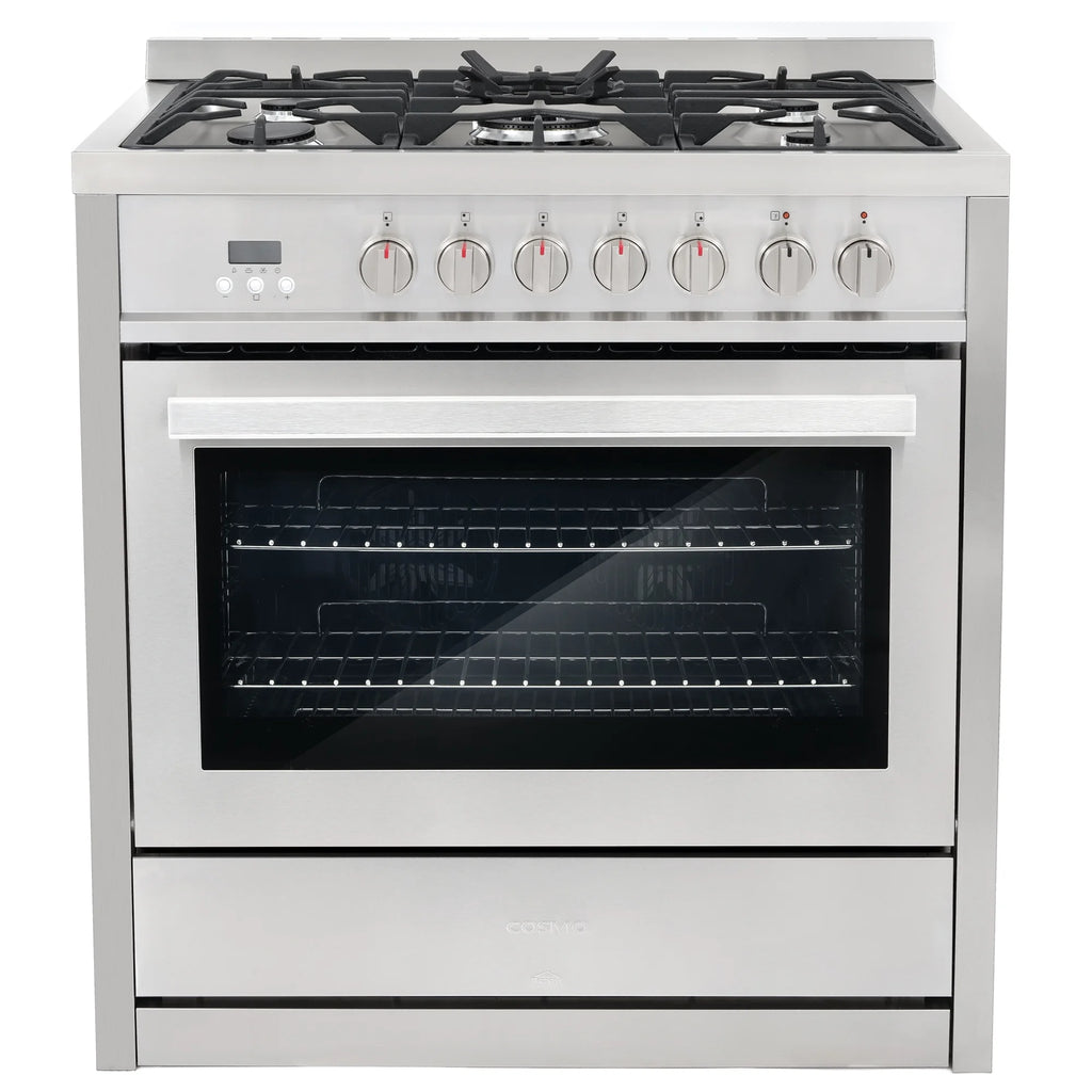 Cosmo 4 Piece Kitchen Appliance Packages with 36" Freestanding 220/240V Dual Fuel Range 36" Island Range Hood 24" Built-in Integrated Dishwasher & French Door Refrigerator Kitchen Appliance Bundles