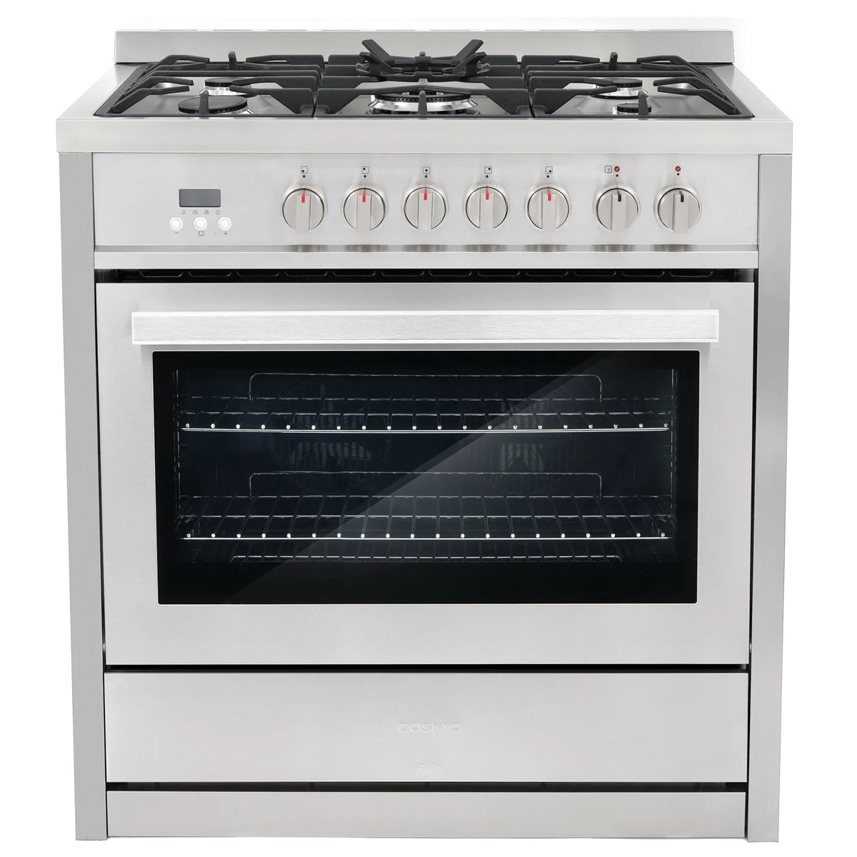 Cosmo 4 Piece Kitchen Appliance Packages with 36" Freestanding 220/240V Dual Fuel Range 36" Island Range Hood 24" Built-in Integrated Dishwasher & French Door Refrigerator Kitchen Appliance Bundles