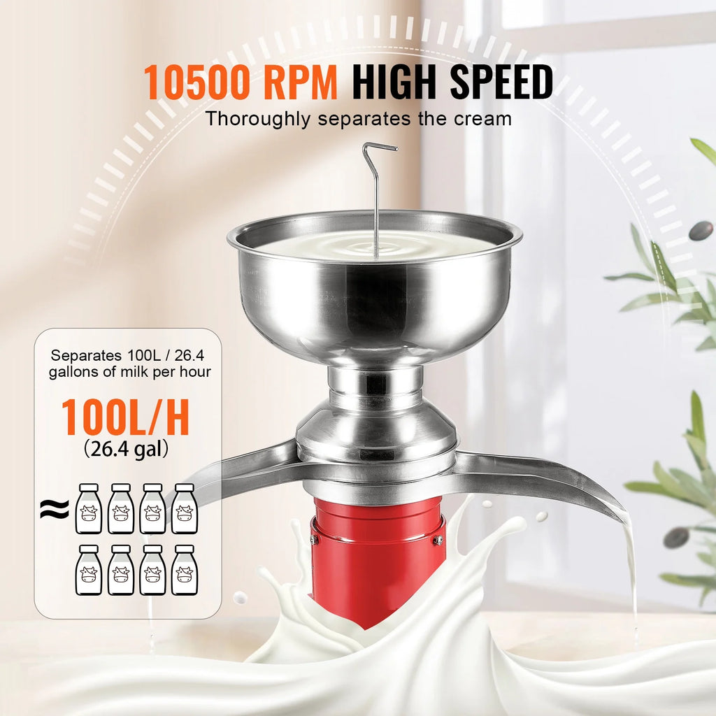 KFFKFF Dairy Cream Spin Separator, Constructed from 304 Stainless Steel, Electrical Cream Dividers, 100L/H Production 10500RPM Bovine Milk Separator, 30W Bovine Cream Separator, Milk Clarifier